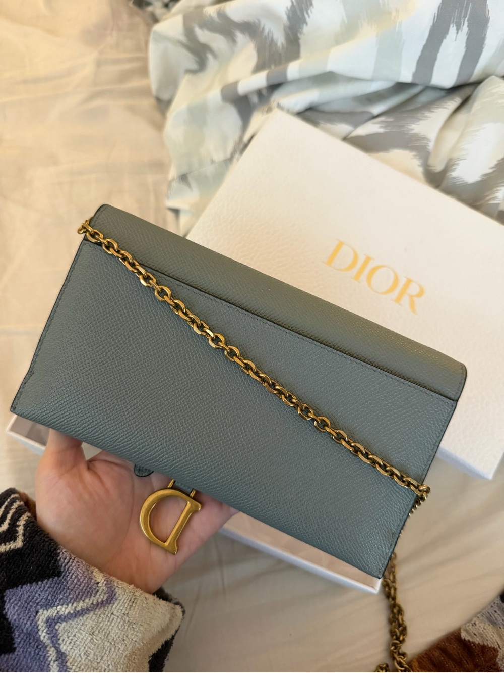 New Dior Gray Blue Leather Saddle Wallet on Chain - Gold Hardware - Picture 2 of 6